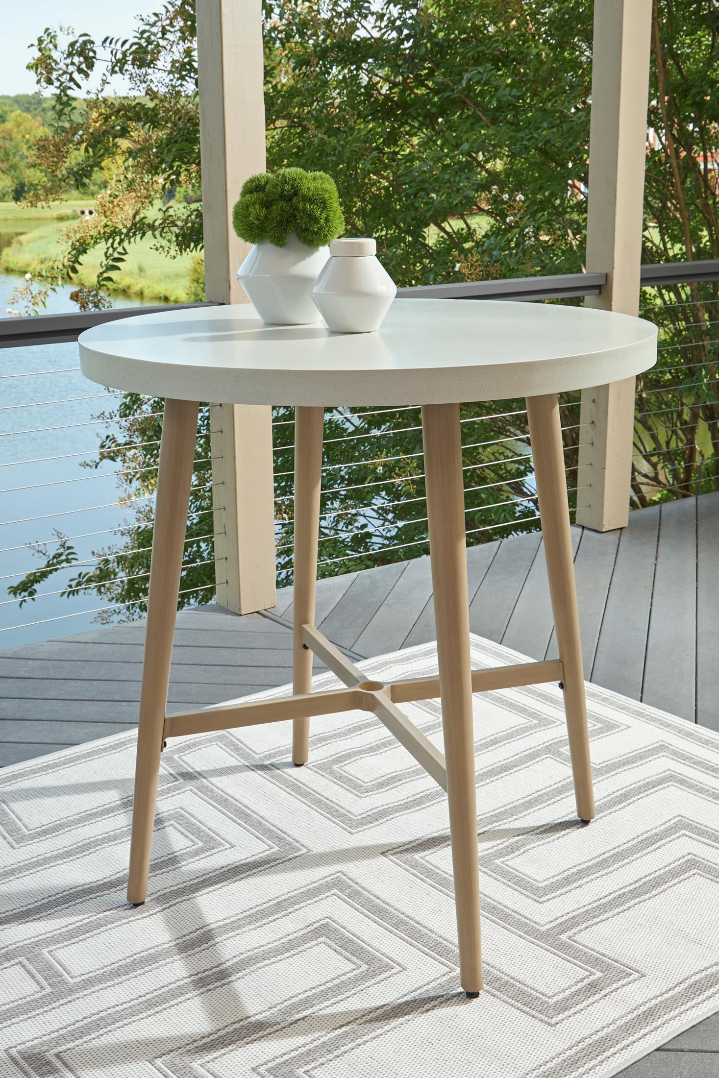 Ashley Seton Creek Outdoor Patio Round Bar Height Table with Umbrella Option